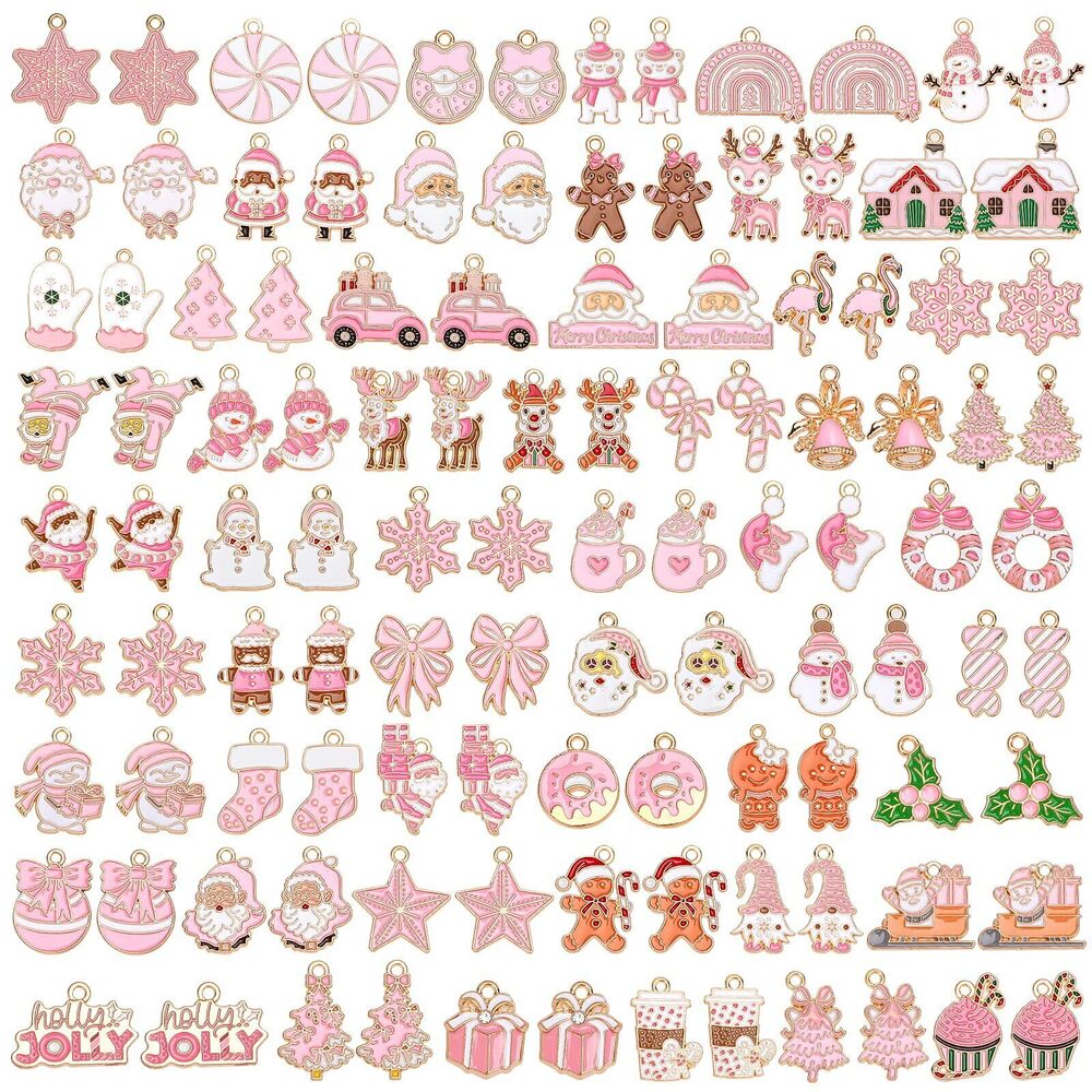 6374 110Pcs/55 Pairs Christmas Charms, Pink Christmas Charm for Jewelry